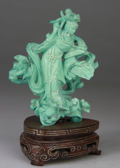 Beeldengroep Kwanyin, gebeeldhouwd  beeldje - Turquoise -, Antiquités & Art, Antiquités | Autres Antiquités