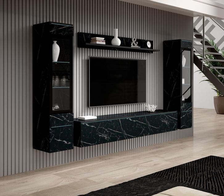 Wandmeubel Zwart marmerlook Set van 4 TV-Meubel, Huis en Inrichting, Kasten | Wandmeubels, 25 tot 50 cm, Nieuw, 150 tot 200 cm