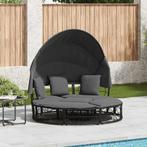 vidaXL Loungebed met luifel en kussens poly rattan zwart, Tuin en Terras, Verzenden, Nieuw