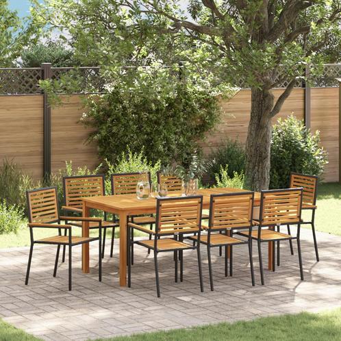 vidaXL Tuin Eettafel Set 9 pcs Zwart 180 x 90 x 75 cm Hout &, Tuin en Terras, Tuinsets en Loungesets, Nieuw, Verzenden