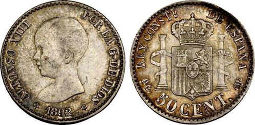 50 Centimes 1892 Spanien: Alfonso Xiii, 1886-1931:, Timbres & Monnaies, Monnaies | Europe | Monnaies non-euro, Envoi