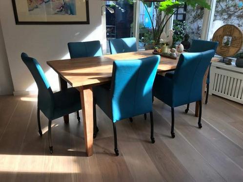 Set van 6 leren eetkamerstoelen - blauw leer - Echt leer,, Huis en Inrichting, Stoelen, Overige kleuren, Nieuw, Leer, Ophalen of Verzenden