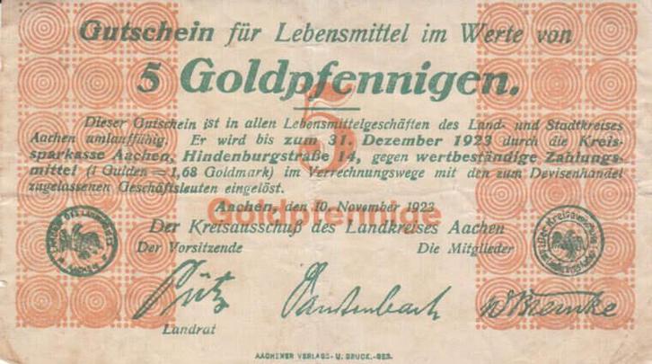 1923 Germany Mue 12-0010 2 5 goudpfennig Aachen avf, Postzegels en Munten, Bankbiljetten | Europa | Niet-Eurobiljetten, België