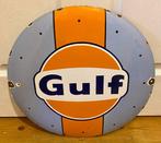 Large Gulf Racing Petrol & Oil Enamel Advertising Sign, Antiquités & Art