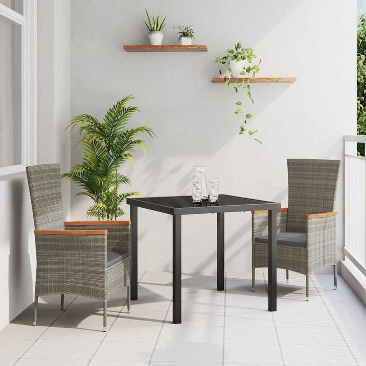 vidaXL Tuin Eettafel Set met kussen 3 pcs Grijs Poly rattan, Tuin en Terras, Tuinsets en Loungesets, Nieuw, Verzenden