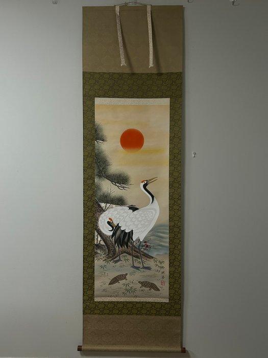 Prachtige opkomende zon, kraanvogel en dennenboom, Antiek en Kunst, Antiek | Overige Antiek