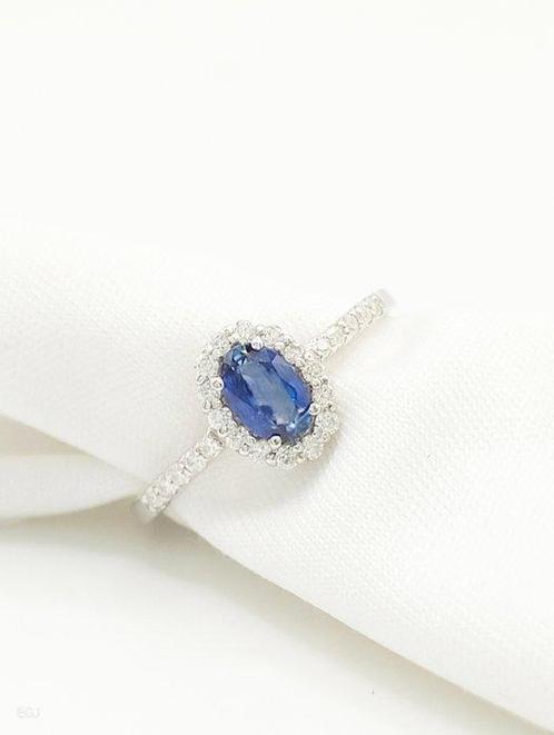 Zonder Minimumprijs - Ring - 14 karaat Witgoud Saffier -, Handtassen en Accessoires, Ringen