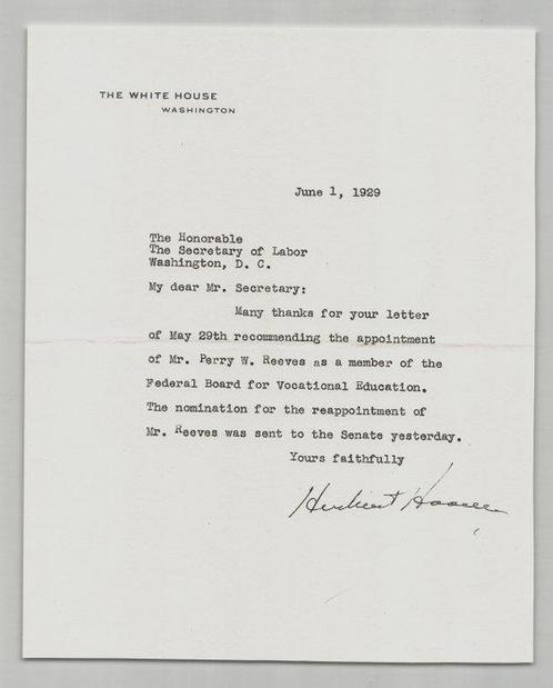 Herbert Hoover, président des États-Unis - Rare lettre, Verzamelen, Film en Tv