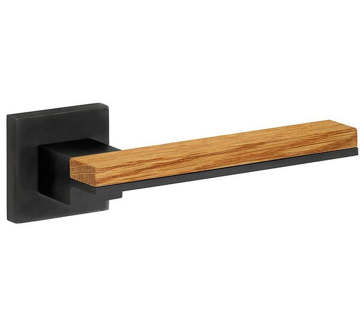 Deurklink op geveerd rozet Mimolimit PVD mat zwart/eiken, Doe-het-zelf en Bouw, Hang- en Sluitwerk, Klink of Kruk, Nieuw, Overige materialen