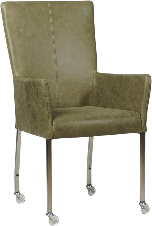 Olijfgroene leren moderne eetkamerstoel - met armleuning, Huis en Inrichting, Stoelen, Overige kleuren, Eén, Nieuw, Leer, Ophalen of Verzenden