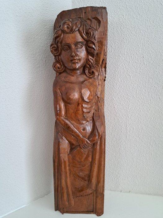 Beeld, Jonge dame houtsnijwerk - 45 cm - Eik, Antiek en Kunst, Curiosa en Brocante