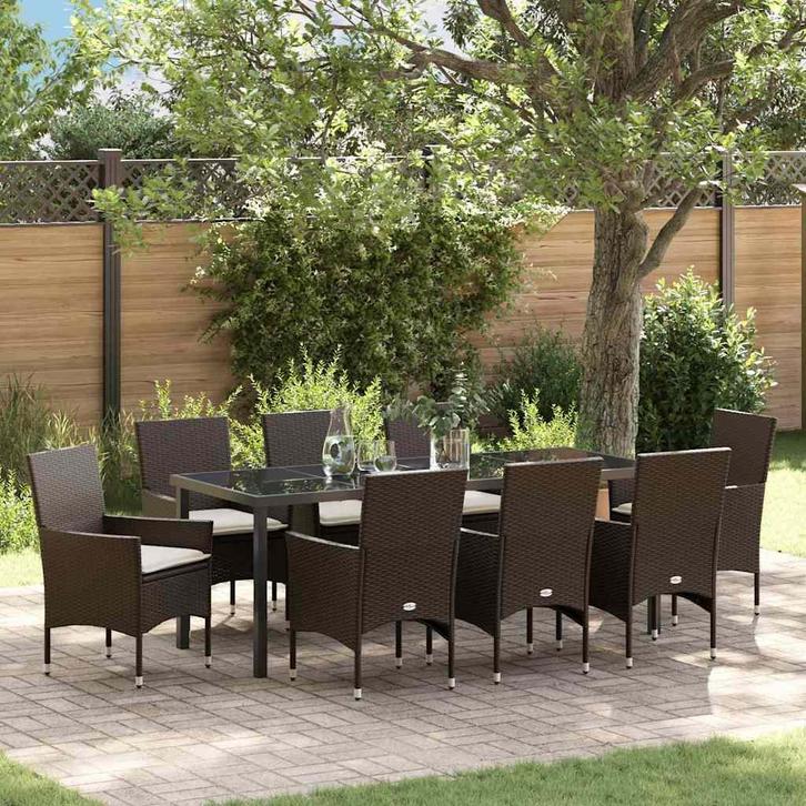 vidaXL Tuin Eettafel Set met kussen 9 pcs Bruin poly rattan, Tuin en Terras, Tuinsets en Loungesets, Nieuw, Verzenden