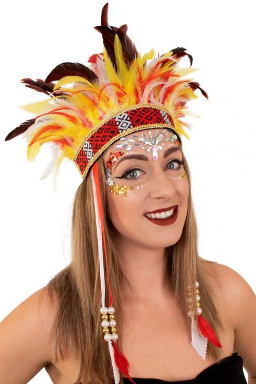 Verentooi Geel Rood Wit Veren Tooi Hoofdtooi Indianentooi Fa, Kleding | Dames, Carnavalskleding en Feestkleding, Nieuw, Ophalen of Verzenden
