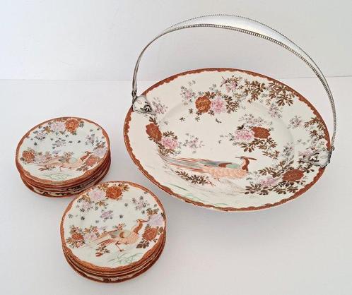 Gebaksschaal (11) - Koekjesschaal met zilveren hengsel + 10, Antiek en Kunst, Antiek | Glaswerk en Kristal
