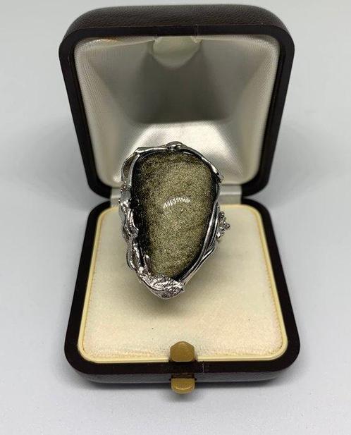 Zilver - Ring - In obsidiaan steen, Verzamelen, Mineralen en Fossielen