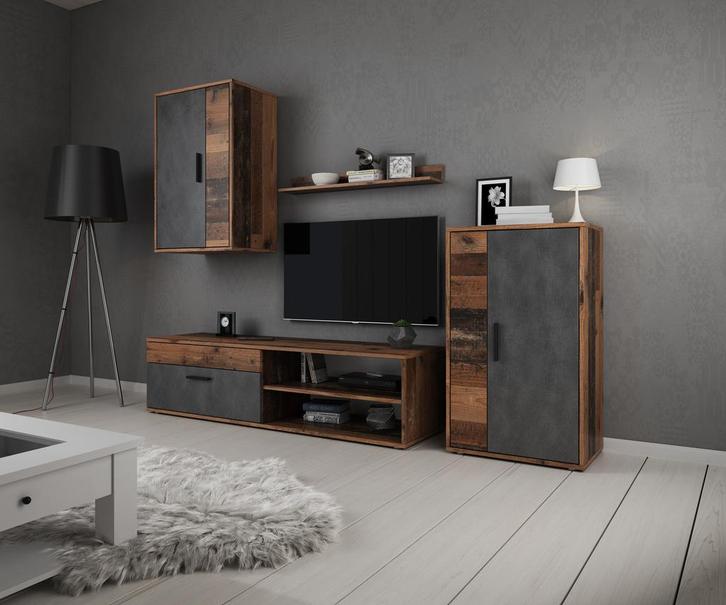 Wandmeubel donker Old wood Grijs Set van 3 TV-Meubel, Huis en Inrichting, Kasten | Wandmeubels, 25 tot 50 cm, Nieuw, Verzenden