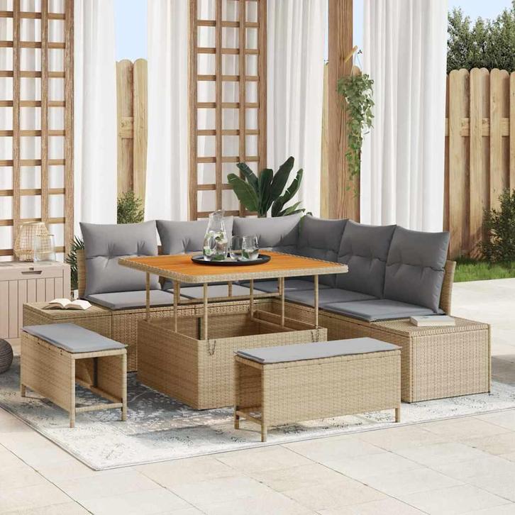 vidaXL Tuinbank Set met kussen met opslag 8 pcs Beige Poly, Tuin en Terras, Tuinsets en Loungesets, Nieuw, Verzenden