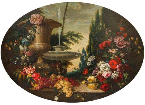 Scuola lombarda (XIX) - Composizione di fiori, frutta e, Antiek en Kunst, Kunst | Schilderijen | Klassiek