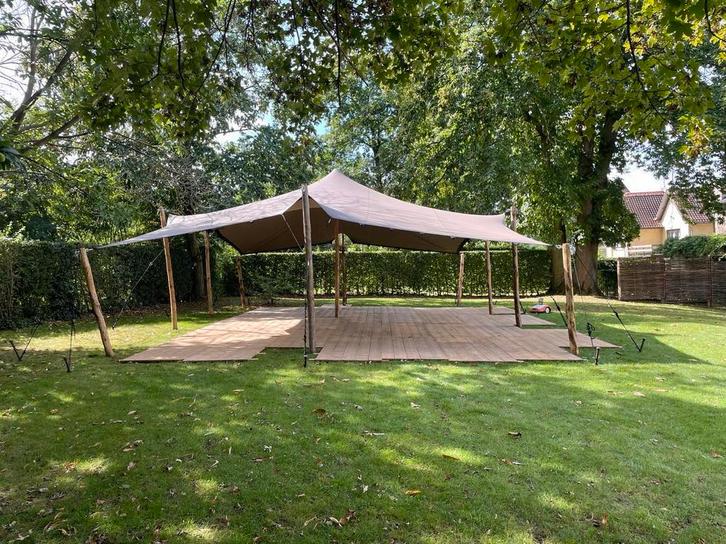 Te koop jong gebruikte stretch tent 7.5x10 Taupe compleet., Tuin en Terras, Partytenten, 6 meter of meer, 8 meter of meer, Opvouwbaar