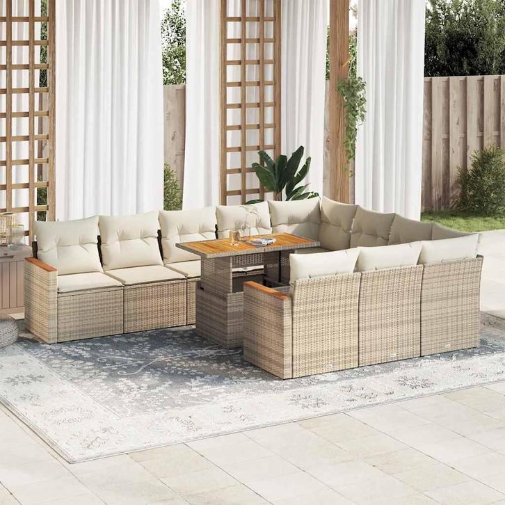vidaXL 11-delige Tuinset met kussens poly rattan acacia, Tuin en Terras, Tuinsets en Loungesets, Tuinset, Nieuw, Verzenden