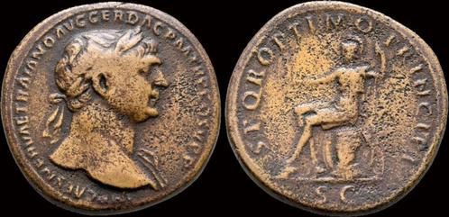 98-117ad Roman Trajan Ae sestertius Roma seated to left B..., Postzegels en Munten, Munten en Bankbiljetten | Verzamelingen, Verzenden