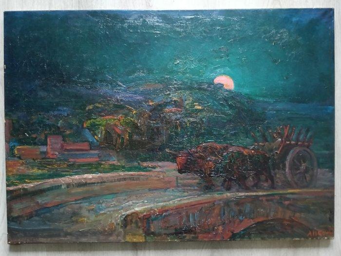 Herman Gouwe (1875-1965) - Ossenkar onder het maanlicht, Antiquités & Art, Art | Peinture | Classique