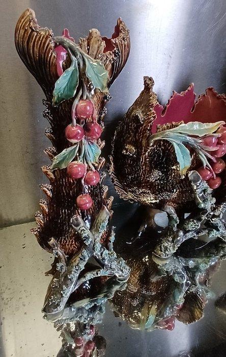 Jardinière - Barbotine Majolica geglazuurd aardewerk 3-Delig, Antiek en Kunst, Antiek | Glaswerk en Kristal