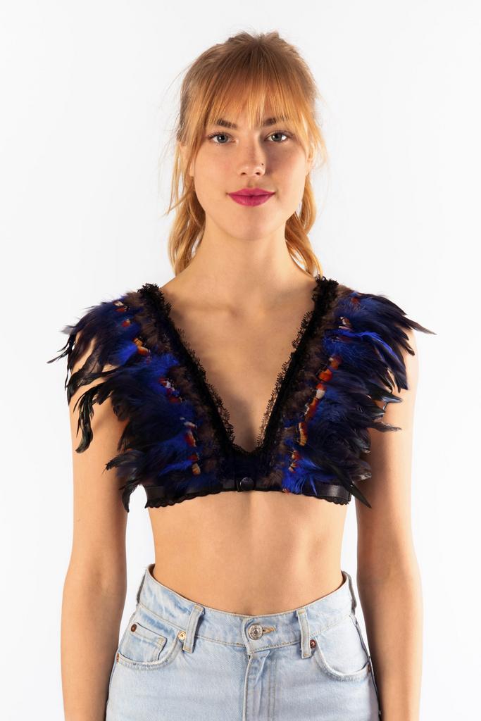 Top met Veren Blauw Bruin XS S M Verentop Steampunk Topje Ve, Kleding | Dames, Carnavalskleding en Feestkleding, Nieuw, Ophalen of Verzenden