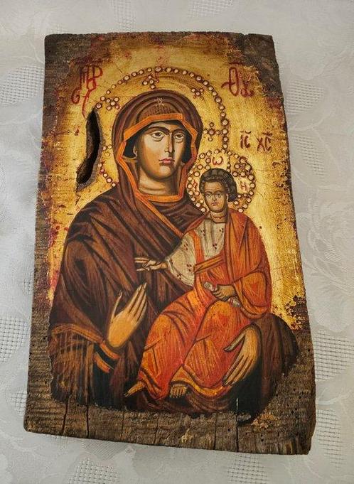 Icoon - Moeder Gods - Hout - Handgeschilderd - 20 x 33 cm, Antiek en Kunst, Antiek | Boeken en Manuscripten