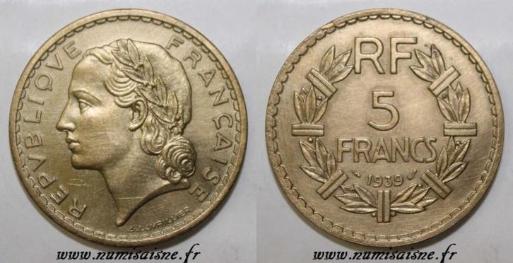 France Frankreich Km 888 5 Francs 1939 Typ Lavrillier, Postzegels en Munten, Munten | Europa | Niet-Euromunten, België, Verzenden