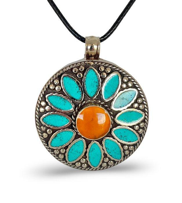 - Tibet zilver - turkoois - koraal - Hanger, Verzamelen, Mineralen en Fossielen