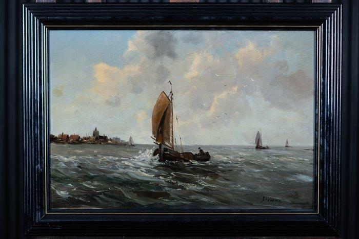 Hollandse School (XIX-XX) - Hollands Zeegezicht met Boten, Antiek en Kunst, Kunst | Schilderijen | Klassiek