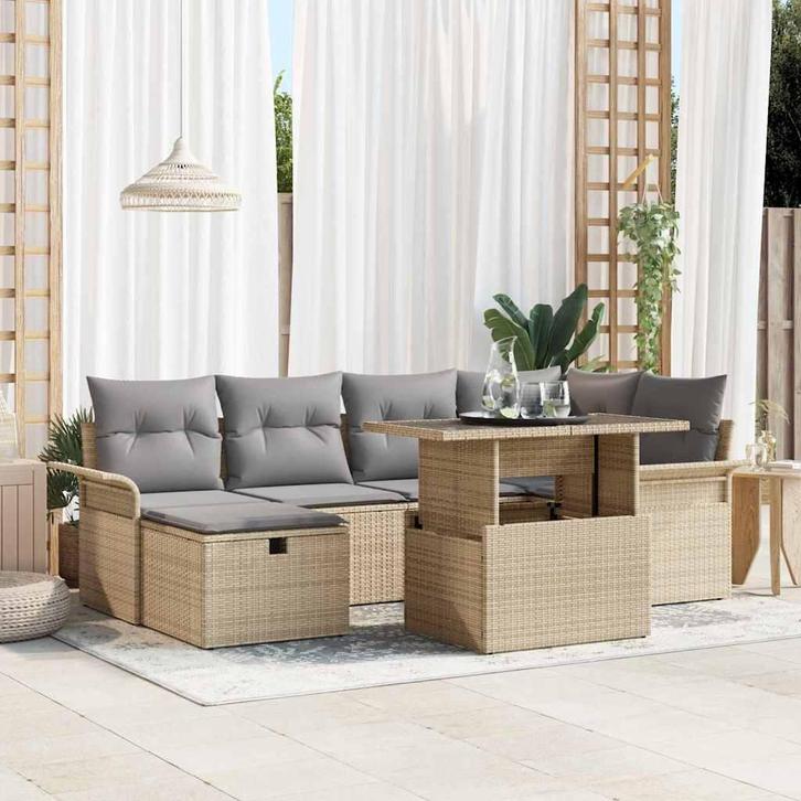 vidaXL Tuinbank Set met kussen met opslag 7 pcs Beige Poly, Jardin & Terrasse, Ensembles de jardin, Envoi