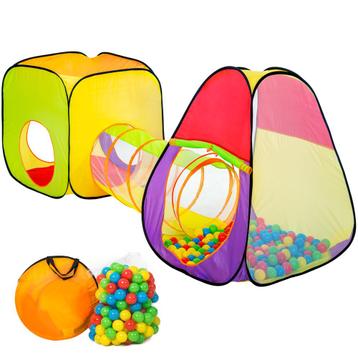 Kubus kindertent met tunnel, 200 ballen en tas - kleurrijk