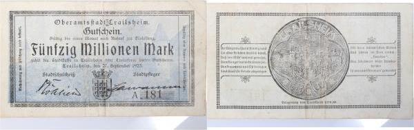 50 Million Mark Welt Crailsheim 1923 Notgeld gebraucht se..., Postzegels en Munten, Munten | Europa | Niet-Euromunten, België