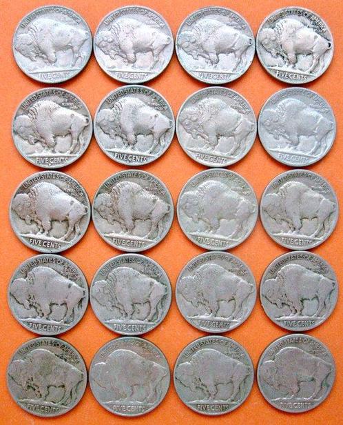 États-Unis. 5 cents Buffalo Nickel 20 different coins, Postzegels en Munten, Munten | Europa | Niet-Euromunten