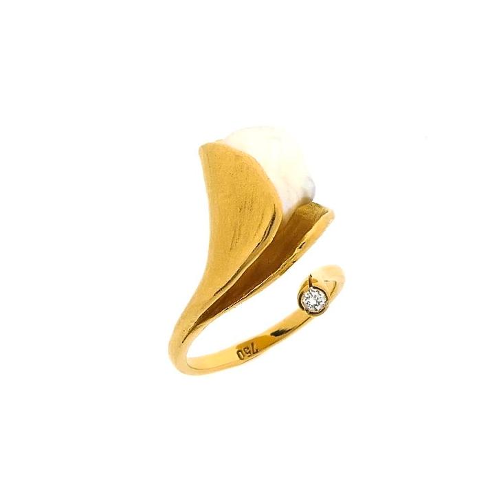 18 Krt. Gouden cocktail ring met barok parel en diamant |..., Handtassen en Accessoires, Ringen, Dame, Met edelsteen, Overige kleuren