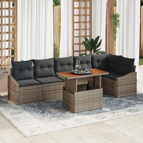 vidaXL 7-delige Tuinset met Kussens - Grijs Poly Riet en, Tuin en Terras, Tuinsets en Loungesets, Nieuw, Verzenden
