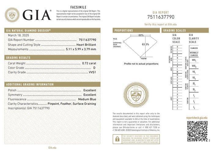 1 pcs Diamant (Natuurlijk) - 0.72 ct - Hart - D (kleurloos), Handtassen en Accessoires, Edelstenen