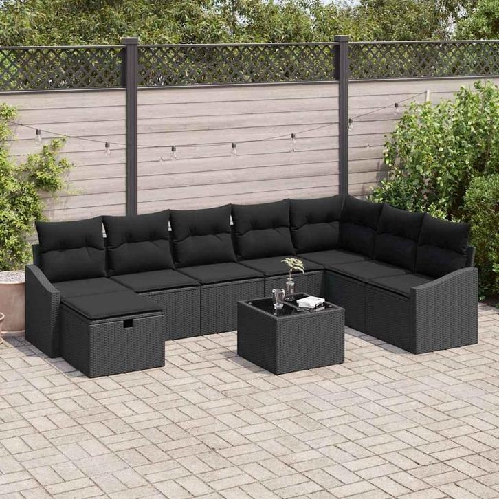 vidaXL Tuinbank Set met kussen 9 pcs Zwart Poly rattan, Tuin en Terras, Tuinsets en Loungesets, Nieuw, Verzenden