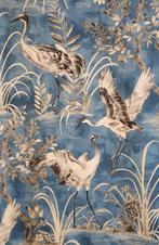 TISSU Oriental avec Grues Grises en vol - Art Nouveau - bleu