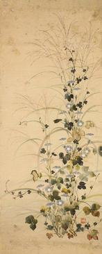 Very fine diptych Morning glory and chrysanthemum, with