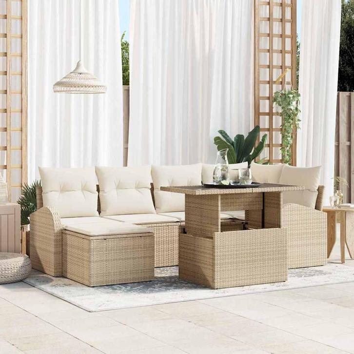vidaXL Tuinbank Set met opslag 7 pcs Beige Poly rattan, Tuin en Terras, Tuinsets en Loungesets, Nieuw, Verzenden