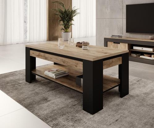 Meubella | Salontafel eiken zwart industrieel | 120 cm, Huis en Inrichting, Tafels | Salontafels, Nieuw, 50 tot 100 cm, Minder dan 50 cm
