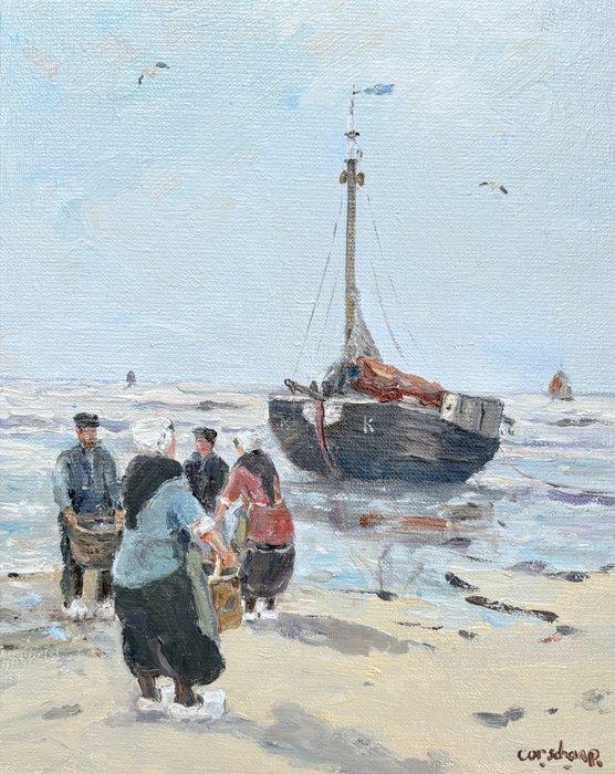 Cor Schaap (1968) - Aangelande bomschuit met vissersvolk, Antiquités & Art, Art | Peinture | Classique