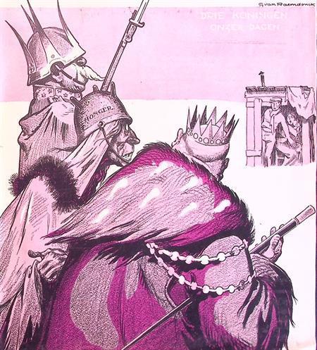 Spotprent met drie koningen van oorlog en honger (Lithos), Antiek en Kunst, Kunst | Litho's en Zeefdrukken, Verzenden