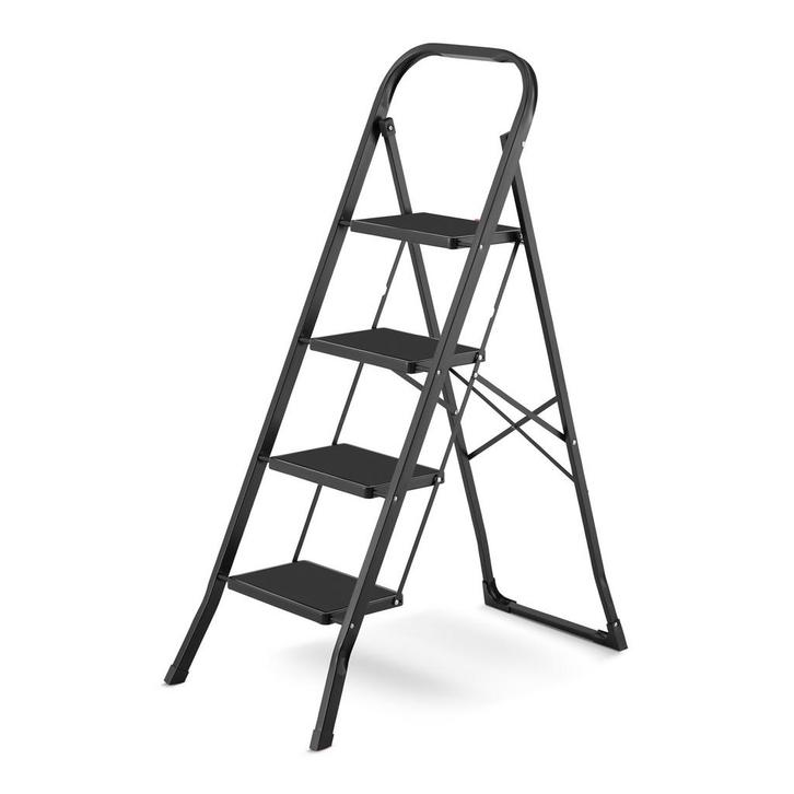 Huishoudtrap 4 treden - stalen ladder - opvouwbaar - zwart, Doe-het-zelf en Bouw, Ladders en Trappen, Nieuw, Ophalen of Verzenden
