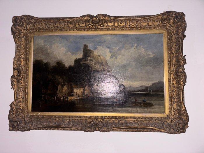 Scuola tedesca (XIX) - Lakeside Village beneath the, Antiek en Kunst, Kunst | Schilderijen | Klassiek