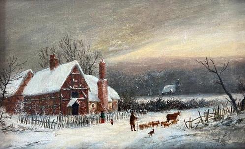 Britse school (XIX) - Figure by a cottage in a winter, Antiek en Kunst, Kunst | Schilderijen | Klassiek