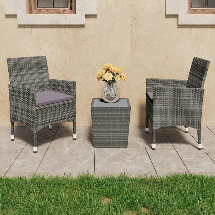 vidaXL 3-delige Bistroset poly rattan en gehard glas grijs, Tuin en Terras, Tuinsets en Loungesets, Nieuw, Verzenden